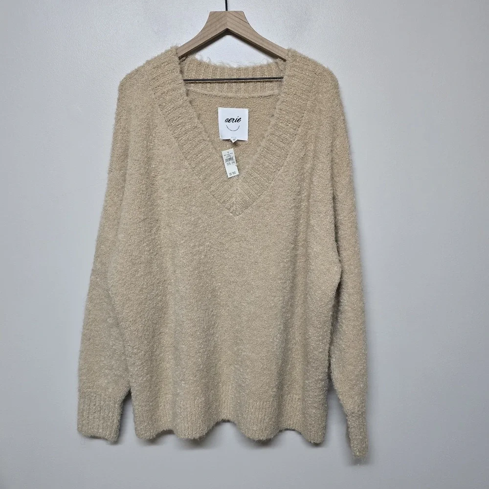 Aerie Teddy Boucle Tan V Neck Oversized Sweater Sz‎ XL NWT Cozy Warm
